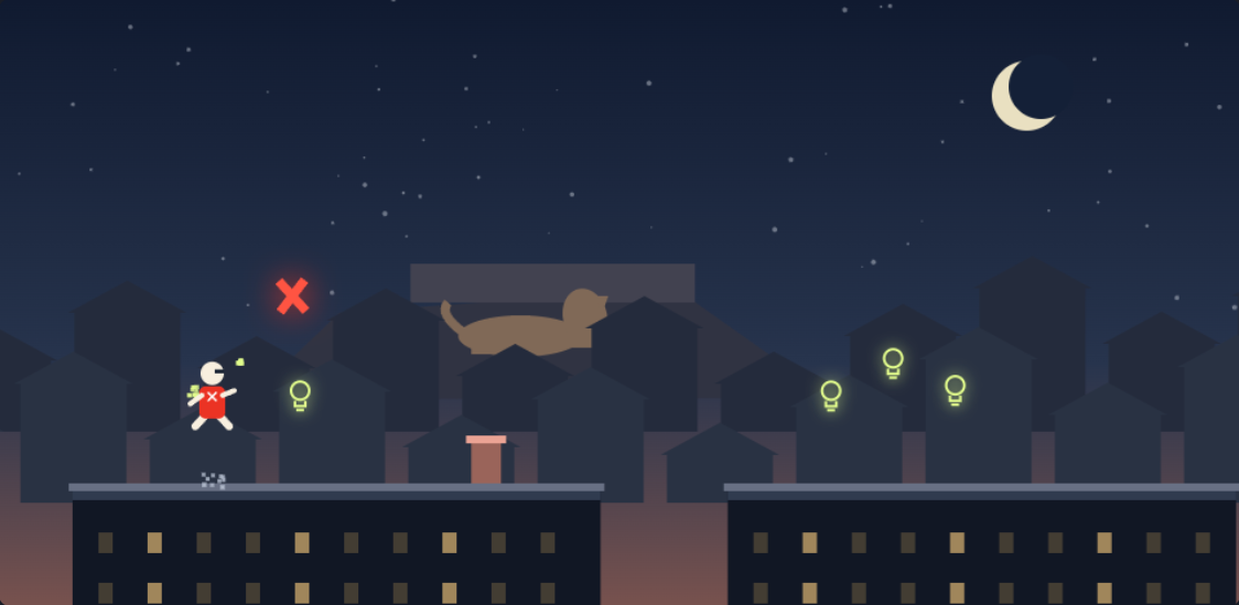 Le Grand Saut : un personnage saute entre les toits de Belfort, sous la lune, avec le Lion en arrière-plan.